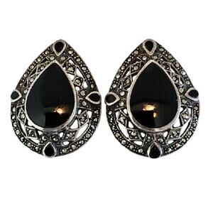 Vintage 925 Sterling Silver w/Black Onyx and Marcasite Teardrop Earrings Nice